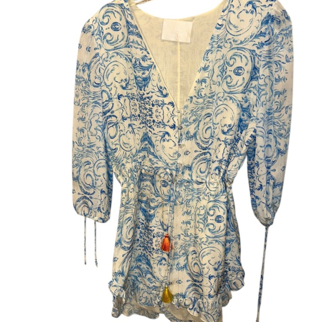 Athena Procopiou 100% Silk Blue White Painted Paisley Print Tunic Top Mini Dress